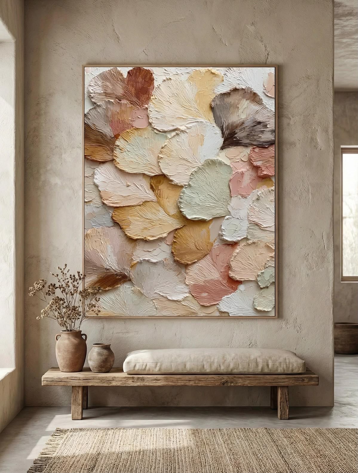 Textured petal relief in a warm neutral interior
